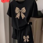 Girl's Black Leopard Bow Graphic T-Shirt & Shorts Lounge Set
