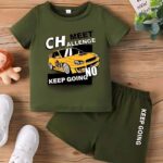 Boys' Olive Green Race Car Graphic T-Shirt & Shorts Set