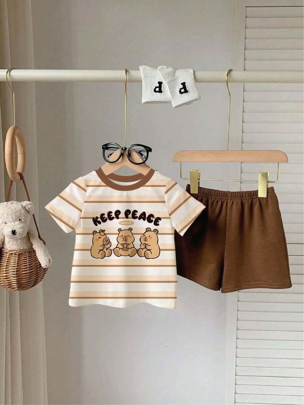 607659599_1748296769175935_80414996102195101_n Kids' Striped Capybara "Keep Peace" T-Shirt & Shorts Lounge Set - Image 1