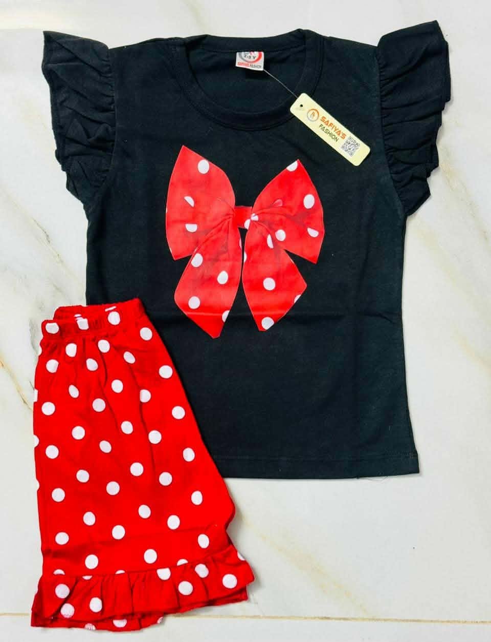 626658943_888821674020333_5692576892415467535_n Girls' Polka Dot Bow Ruffle Top & Shorts Outfit Set - Image 1