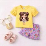 Toddler Girls' Anime Doll Graphic Top & Floral Shorts Outfit Set
