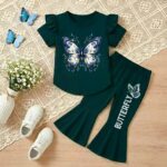 Girls' Dark Green Butterfly Graphic Ruffle Flare Outfit Set